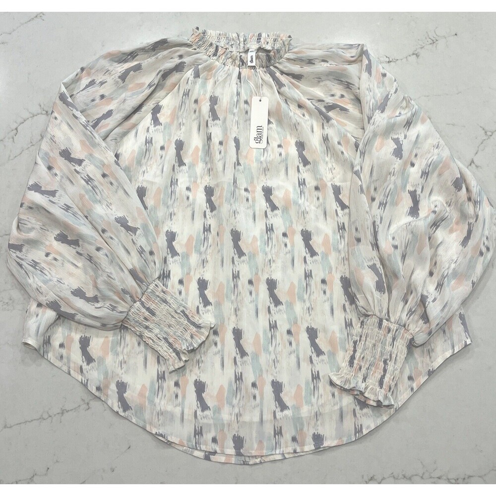 Boutique NEW Large Cream Pastel Balloon Long Slv Blouse Top Ruched Sheer Lined